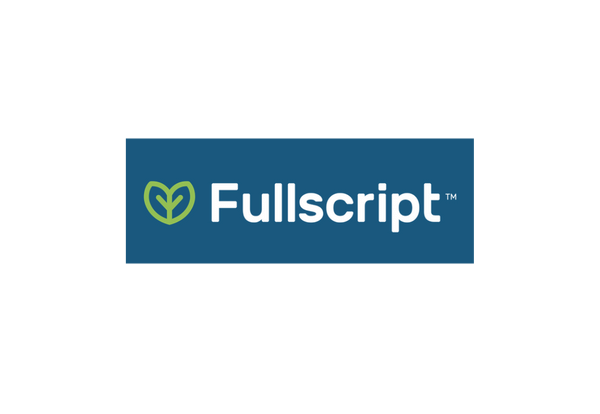 Fullscript logo featuring the brand name in white on a dark blue background with a green leaf symbol.